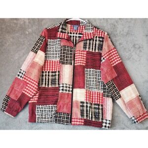 Koret Sport Jacket Womens Large Red Black Patchwork Houndstooth Zip Up Retro